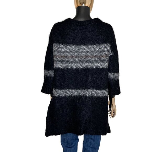 Free People Mohair Wool Blend Fuzzy Oversized Striped Sweater XS/S Black Gray - Picture 5 of 8
